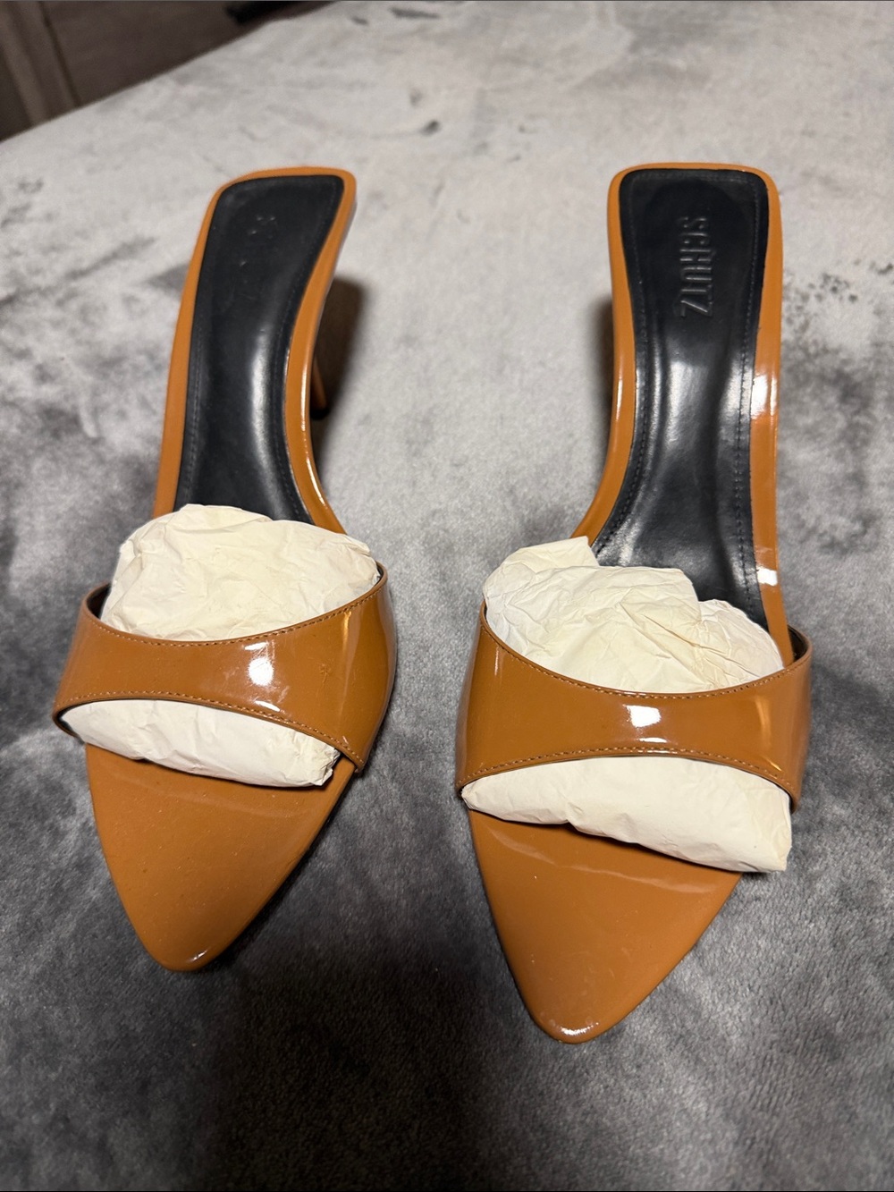SCHUTZ Cognac Patent Leather Pointed-Toe Slide Heels